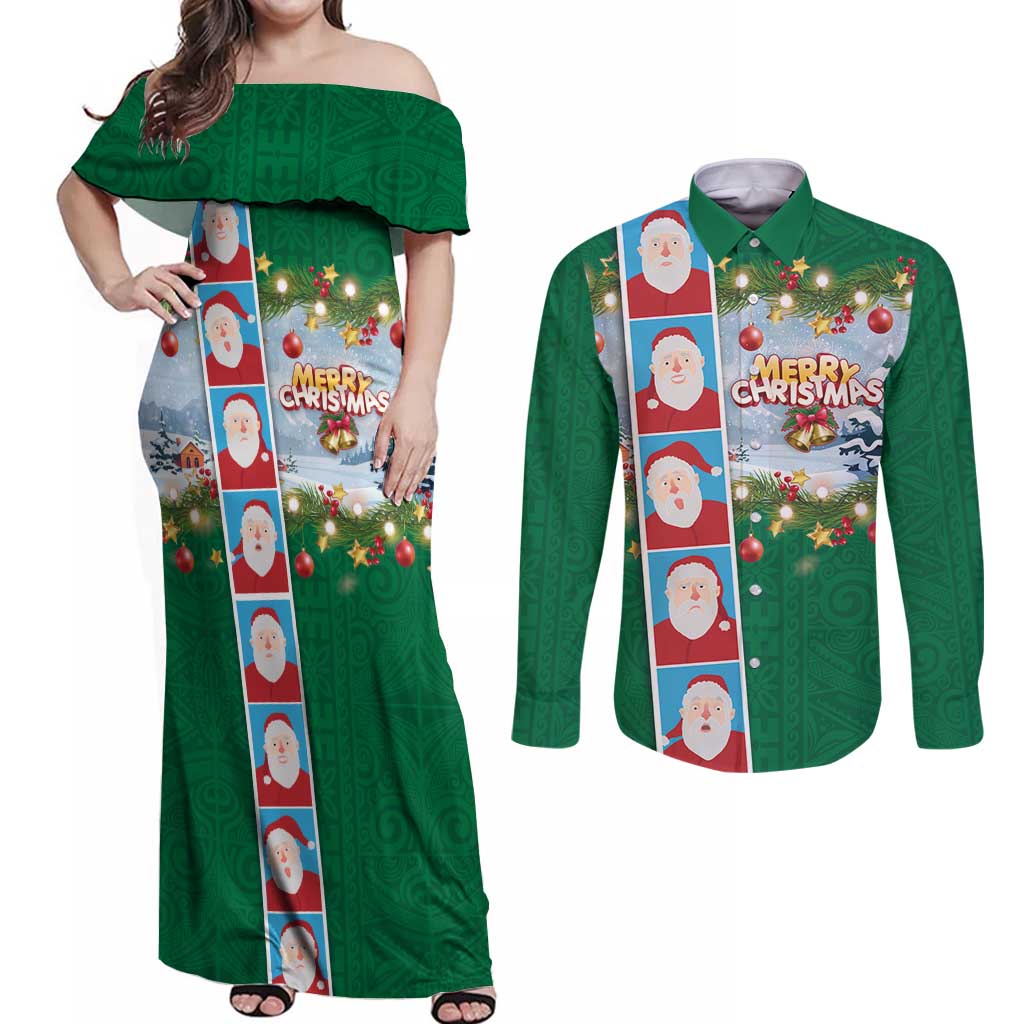 Merry Christmas Couples Matching Off Shoulder Maxi Dress and Long Sleeve Button Shirt Funny Santa Claus Cards Photo and Polynesian Pattern Green Color LT03 Green - Polynesian Pride