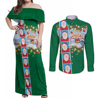 Merry Christmas Couples Matching Off Shoulder Maxi Dress and Long Sleeve Button Shirt Funny Santa Claus Cards Photo and Polynesian Pattern Green Color LT03 Green - Polynesian Pride