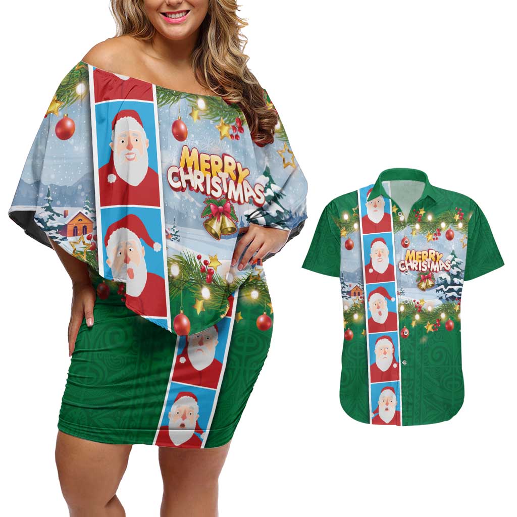 Merry Christmas Couples Matching Off Shoulder Short Dress and Hawaiian Shirt Funny Santa Claus Cards Photo and Polynesian Pattern Green Color LT03 Green - Polynesian Pride