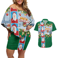 Merry Christmas Couples Matching Off Shoulder Short Dress and Hawaiian Shirt Funny Santa Claus Cards Photo and Polynesian Pattern Green Color LT03 Green - Polynesian Pride
