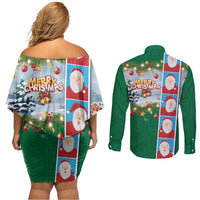 Merry Christmas Couples Matching Off Shoulder Short Dress and Long Sleeve Button Shirt Funny Santa Claus Cards Photo and Polynesian Pattern Green Color LT03 - Polynesian Pride