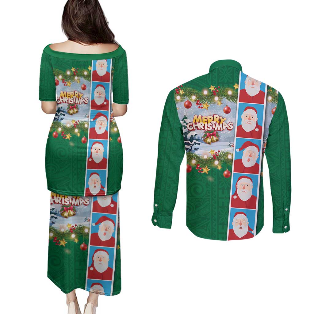 Merry Christmas Couples Matching Puletasi and Long Sleeve Button Shirt Funny Santa Claus Cards Photo and Polynesian Pattern Green Color LT03 - Polynesian Pride