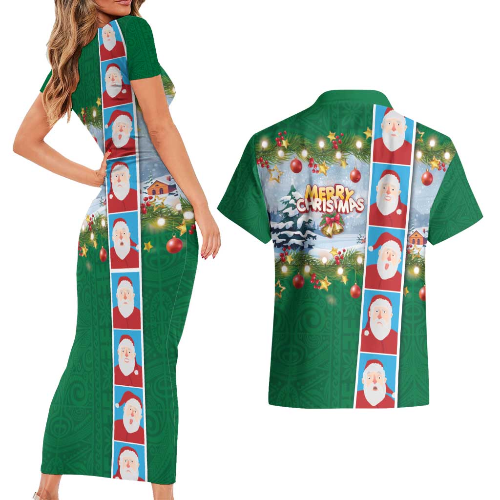 Merry Christmas Couples Matching Short Sleeve Bodycon Dress and Hawaiian Shirt Funny Santa Claus Cards Photo and Polynesian Pattern Green Color