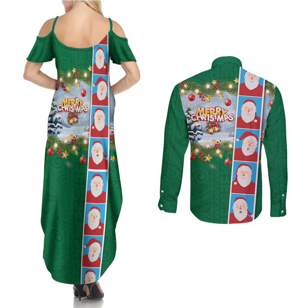 Merry Christmas Couples Matching Summer Maxi Dress and Long Sleeve Button Shirt Funny Santa Claus Cards Photo and Polynesian Pattern Green Color LT03 - Polynesian Pride