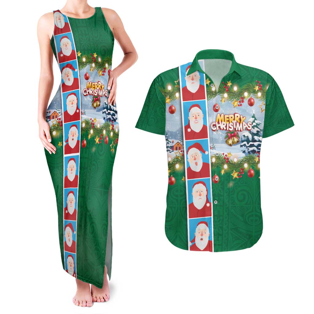 Merry Christmas Couples Matching Tank Maxi Dress and Hawaiian Shirt Funny Santa Claus Cards Photo and Polynesian Pattern Green Color LT03 Green - Polynesian Pride