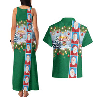 Merry Christmas Couples Matching Tank Maxi Dress and Hawaiian Shirt Funny Santa Claus Cards Photo and Polynesian Pattern Green Color LT03 - Polynesian Pride