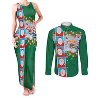 Merry Christmas Couples Matching Tank Maxi Dress and Long Sleeve Button Shirt Funny Santa Claus Cards Photo and Polynesian Pattern Green Color LT03 Green - Polynesian Pride