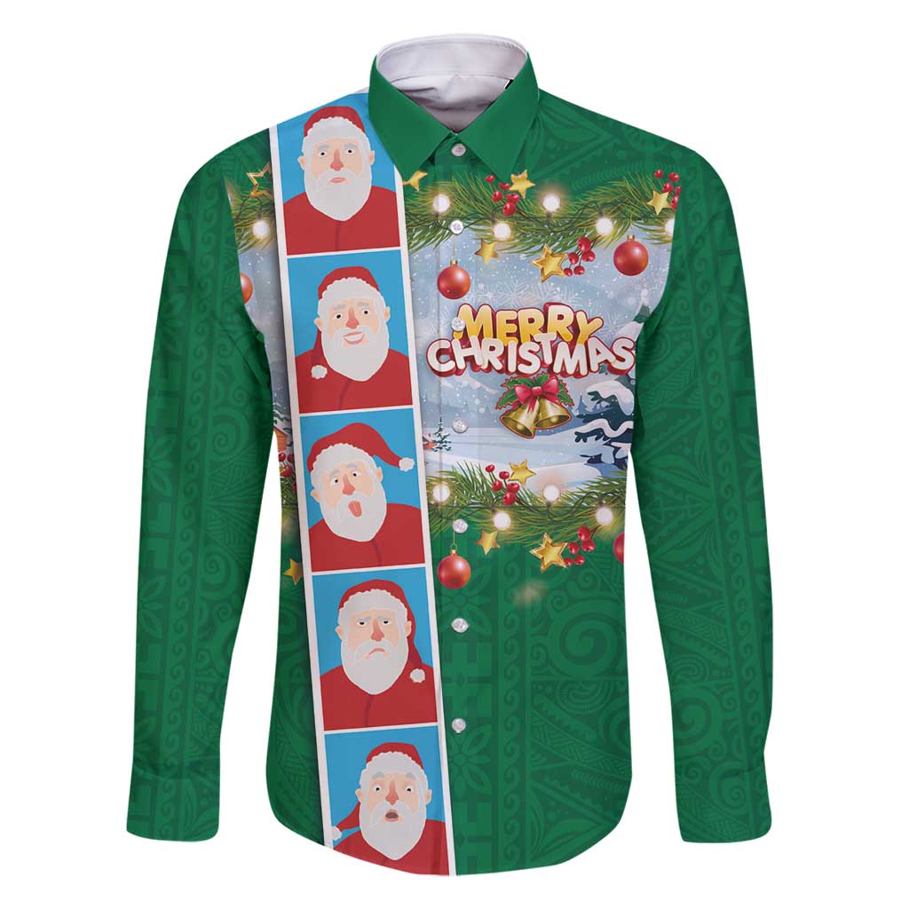 Merry Christmas Family Matching Long Sleeve Bodycon Dress and Hawaiian Shirt Funny Santa Claus Cards Photo and Polynesian Pattern Green Color LT03 Dad's Shirt - Long Sleeve Green - Polynesian Pride