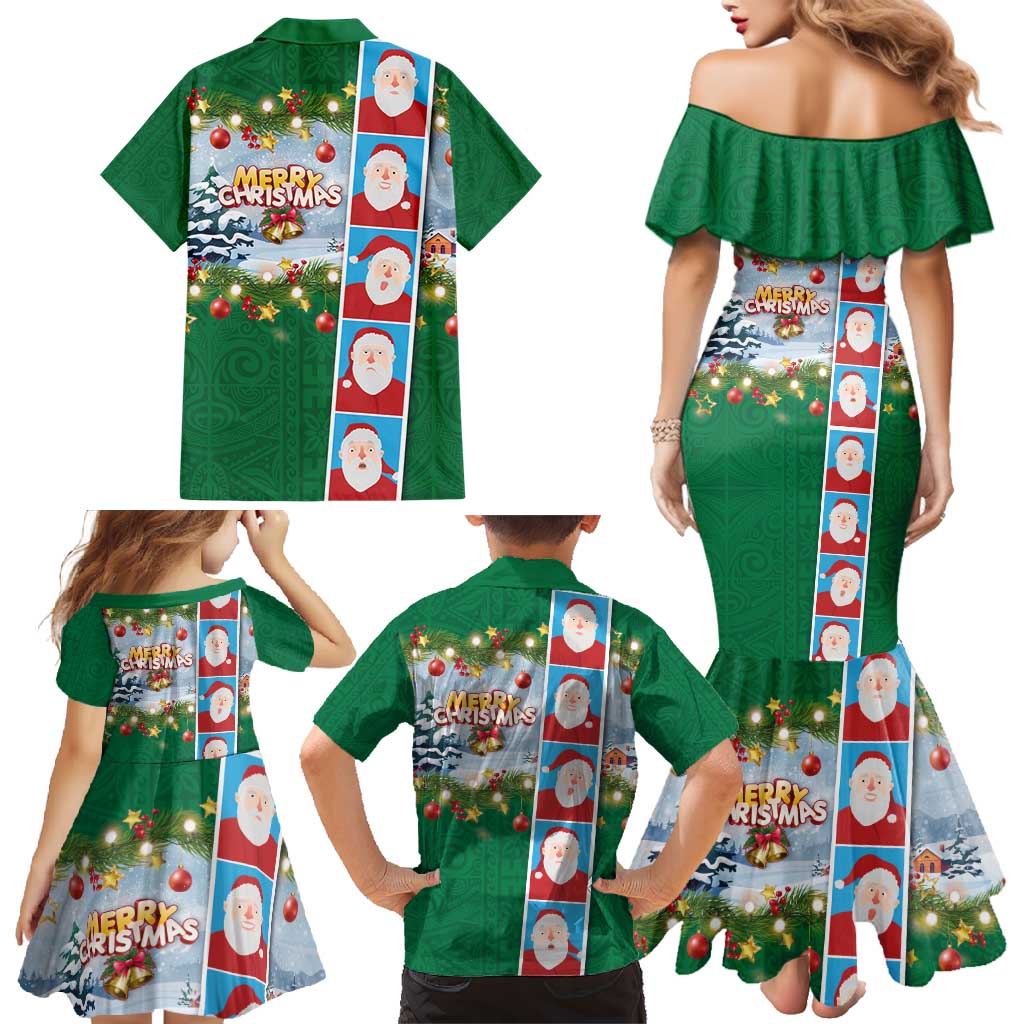 Merry Christmas Family Matching Mermaid Dress and Hawaiian Shirt Funny Santa Claus Cards Photo and Polynesian Pattern Green Color LT03 - Polynesian Pride