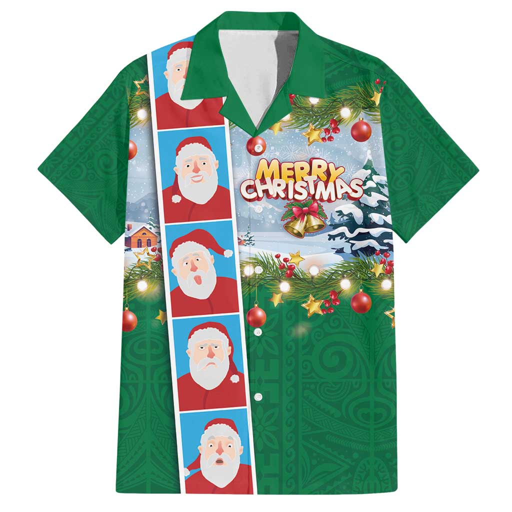 Merry Christmas Family Matching Off Shoulder Short Dress and Hawaiian Shirt Funny Santa Claus Cards Photo and Polynesian Pattern Green Color