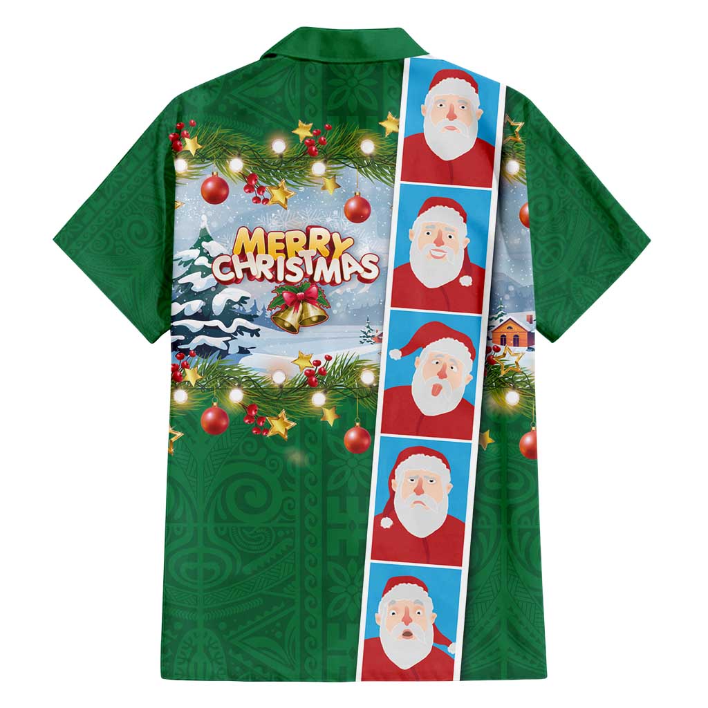 Merry Christmas Family Matching Off Shoulder Short Dress and Hawaiian Shirt Funny Santa Claus Cards Photo and Polynesian Pattern Green Color