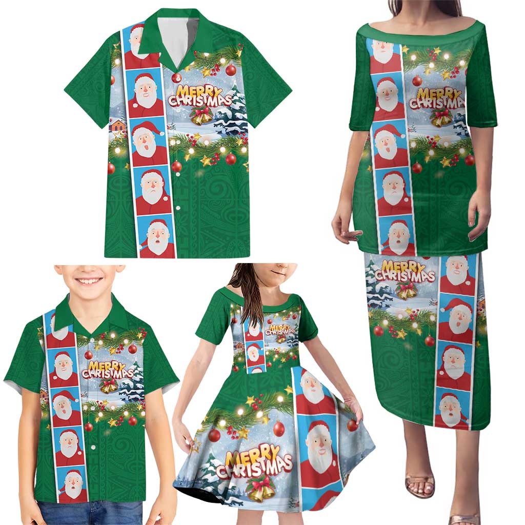 Merry Christmas Family Matching Puletasi and Hawaiian Shirt Funny Santa Claus Cards Photo and Polynesian Pattern Green Color LT03 - Polynesian Pride