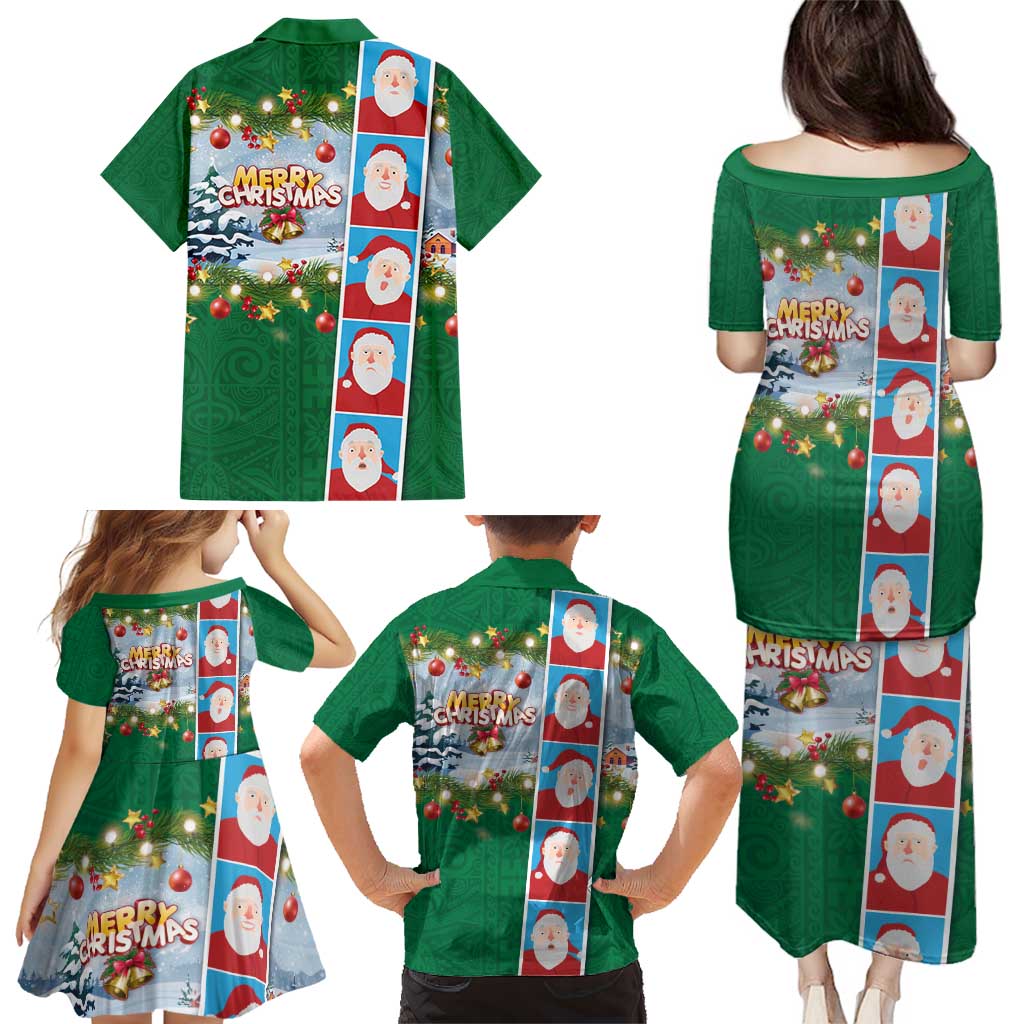 Merry Christmas Family Matching Puletasi and Hawaiian Shirt Funny Santa Claus Cards Photo and Polynesian Pattern Green Color LT03 - Polynesian Pride