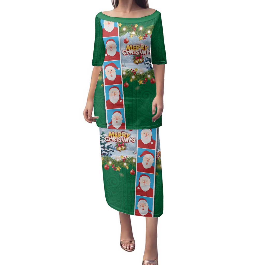 Merry Christmas Family Matching Puletasi and Hawaiian Shirt Funny Santa Claus Cards Photo and Polynesian Pattern Green Color LT03 Mom's Dress Green - Polynesian Pride