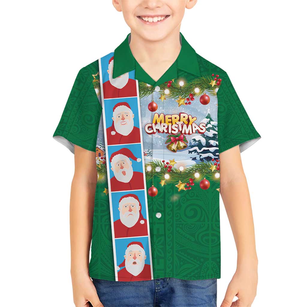 Merry Christmas Family Matching Puletasi and Hawaiian Shirt Funny Santa Claus Cards Photo and Polynesian Pattern Green Color LT03 Son's Shirt Green - Polynesian Pride