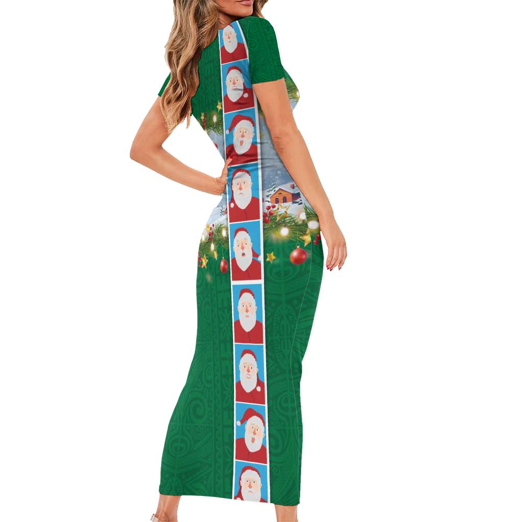 Merry Christmas Family Matching Short Sleeve Bodycon Dress and Hawaiian Shirt Funny Santa Claus Cards Photo and Polynesian Pattern Green Color LT03 - Polynesian Pride