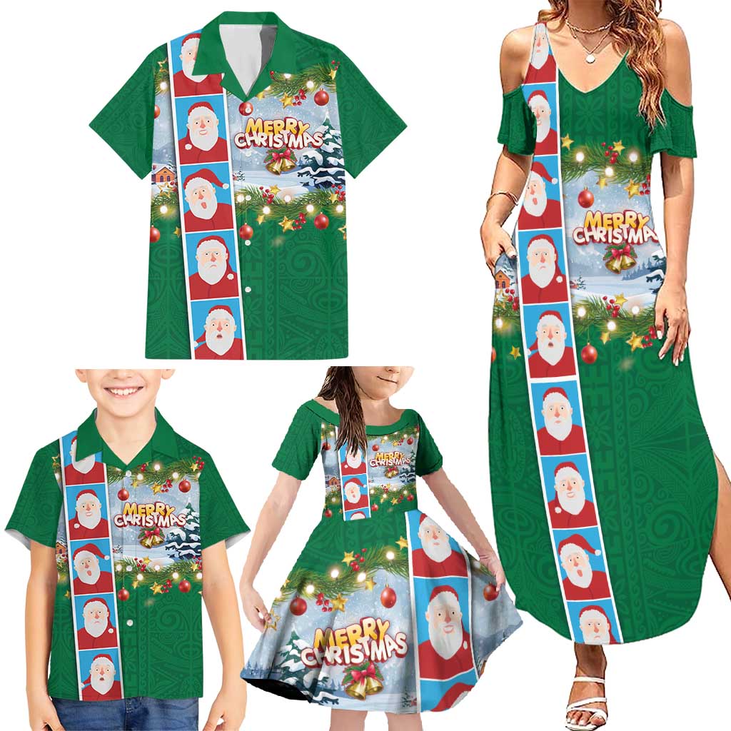Merry Christmas Family Matching Summer Maxi Dress and Hawaiian Shirt Funny Santa Claus Cards Photo and Polynesian Pattern Green Color