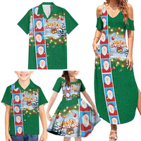 Merry Christmas Family Matching Summer Maxi Dress and Hawaiian Shirt Funny Santa Claus Cards Photo and Polynesian Pattern Green Color