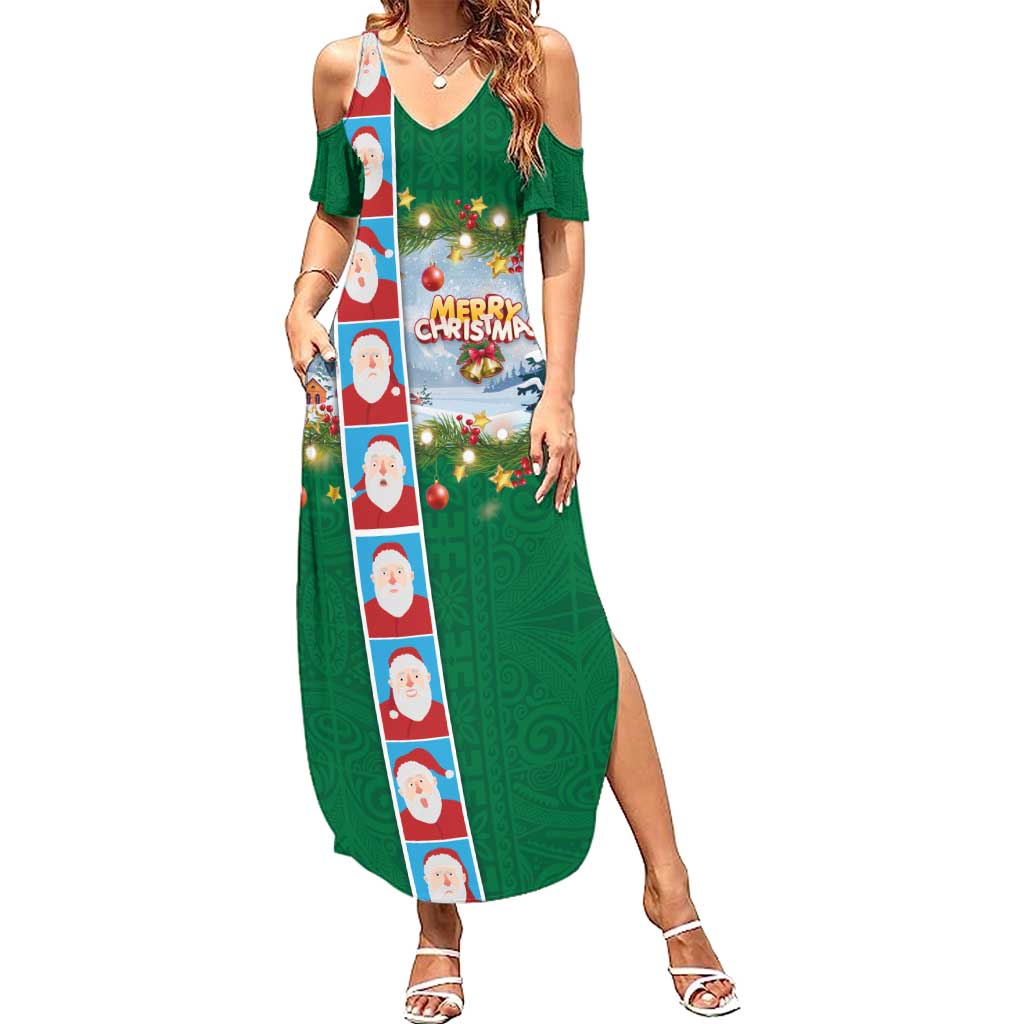 Merry Christmas Family Matching Summer Maxi Dress and Hawaiian Shirt Funny Santa Claus Cards Photo and Polynesian Pattern Green Color