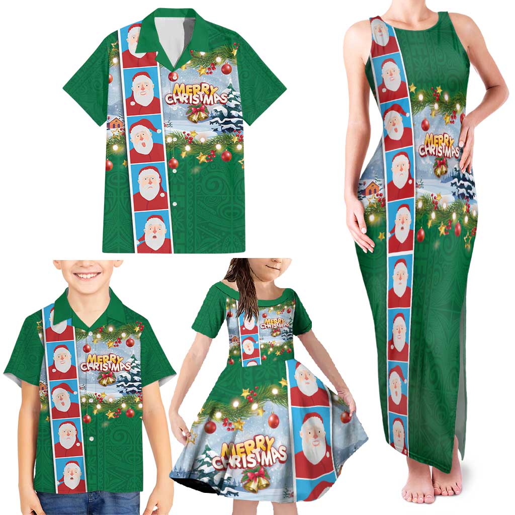 Merry Christmas Family Matching Tank Maxi Dress and Hawaiian Shirt Funny Santa Claus Cards Photo and Polynesian Pattern Green Color