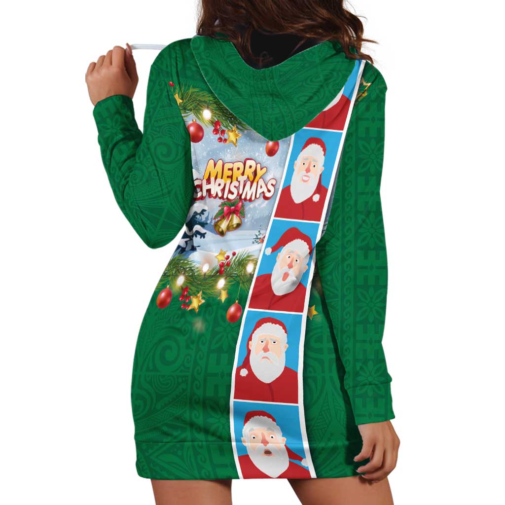 Merry Christmas Hoodie Dress Funny Santa Claus Cards Photo and Polynesian Pattern Green Color