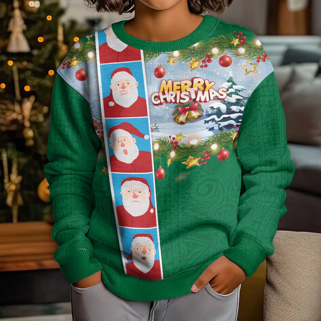 Merry Christmas Kid Ugly Christmas Sweater Funny Santa Claus Cards Photo and Polynesian Pattern Green Color