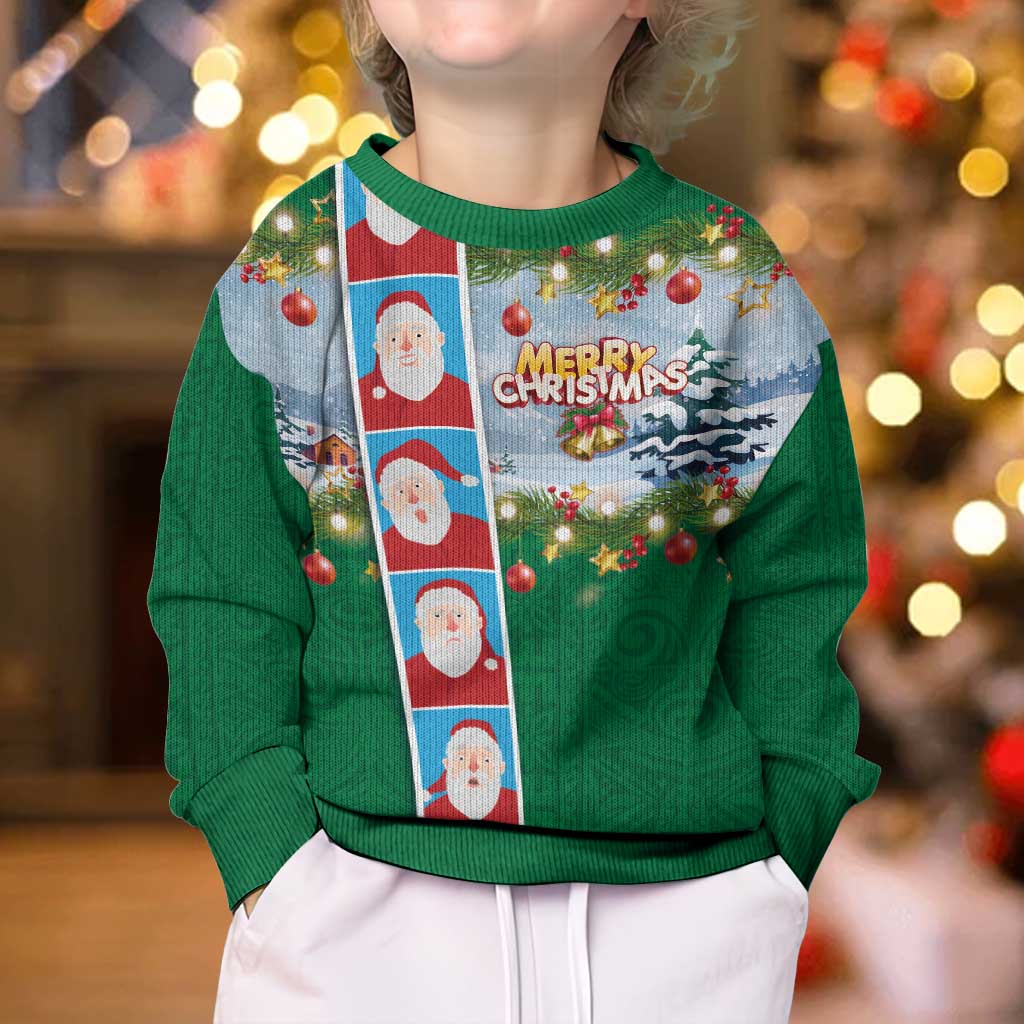 Merry Christmas Kid Ugly Christmas Sweater Funny Santa Claus Cards Photo and Polynesian Pattern Green Color