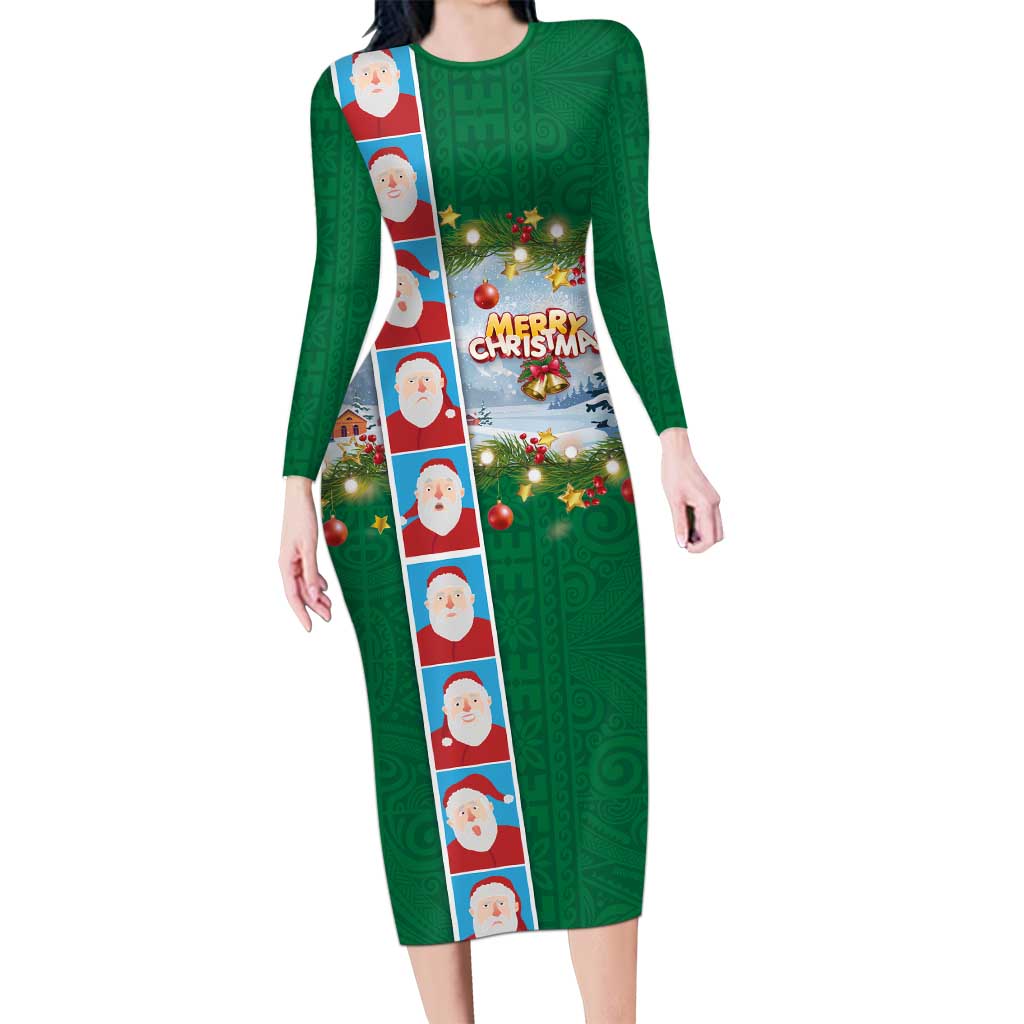 Merry Christmas Long Sleeve Bodycon Dress Funny Santa Claus Cards Photo and Polynesian Pattern Green Color LT03 Long Dress Green - Polynesian Pride