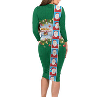 Merry Christmas Long Sleeve Bodycon Dress Funny Santa Claus Cards Photo and Polynesian Pattern Green Color LT03 - Polynesian Pride