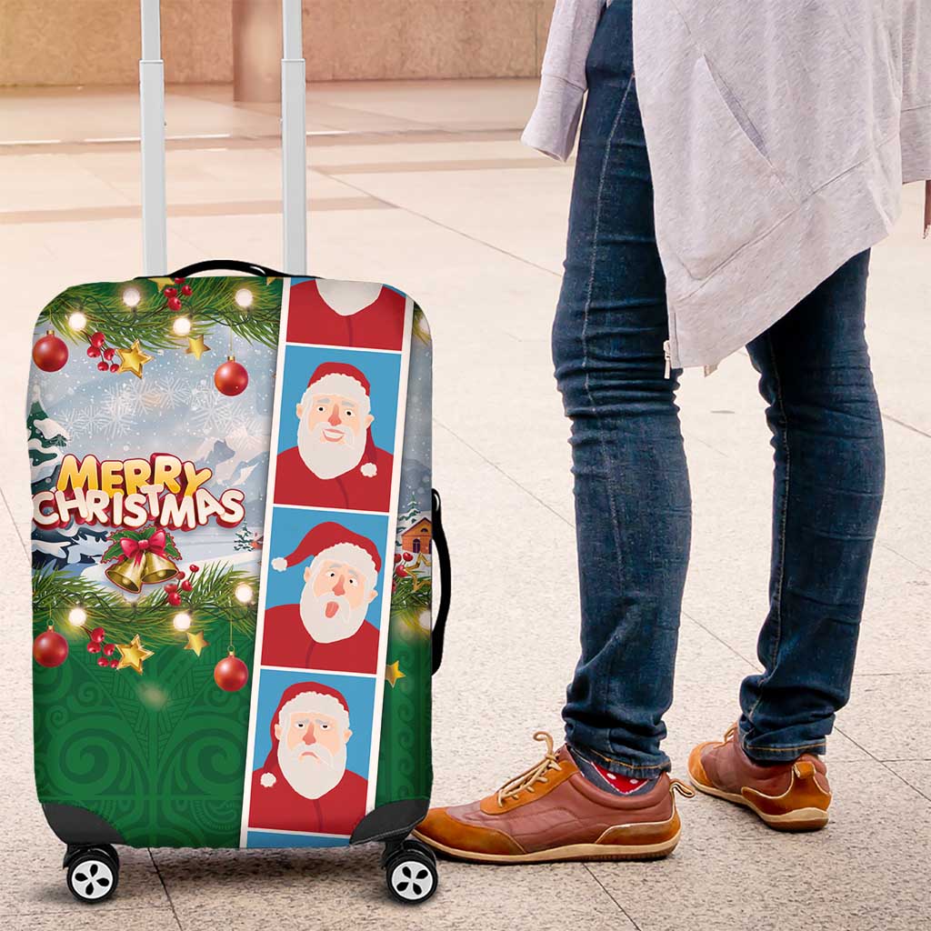 Merry Christmas Luggage Cover Funny Santa Claus Cards Photo and Polynesian Pattern Green Color