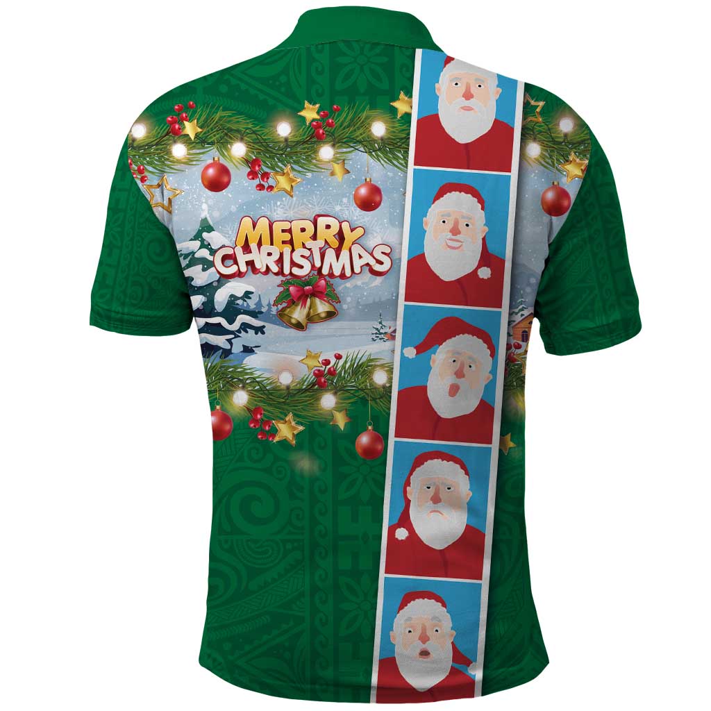 Merry Christmas Polo Shirt Funny Santa Claus Cards Photo and Polynesian Pattern Green Color