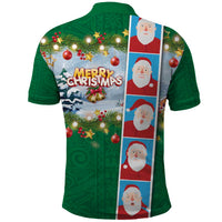 Merry Christmas Polo Shirt Funny Santa Claus Cards Photo and Polynesian Pattern Green Color