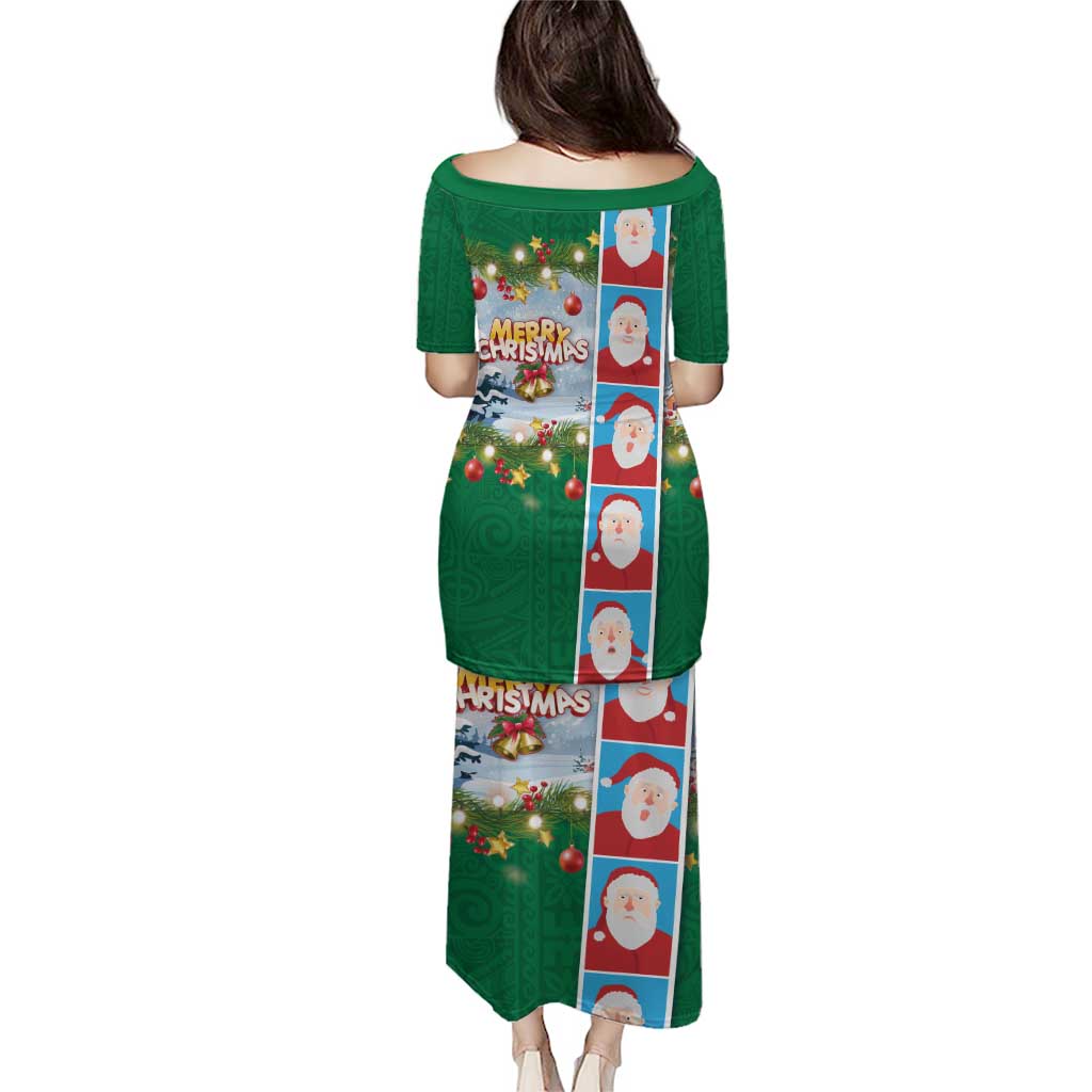 Merry Christmas Puletasi Funny Santa Claus Cards Photo and Polynesian Pattern Green Color