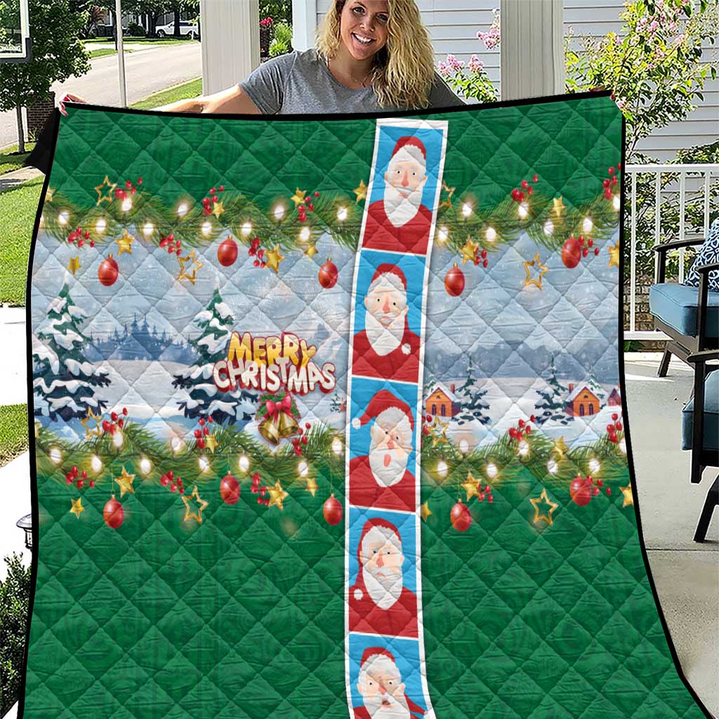 Merry Christmas Quilt Funny Santa Claus Cards Photo and Polynesian Pattern Green Color