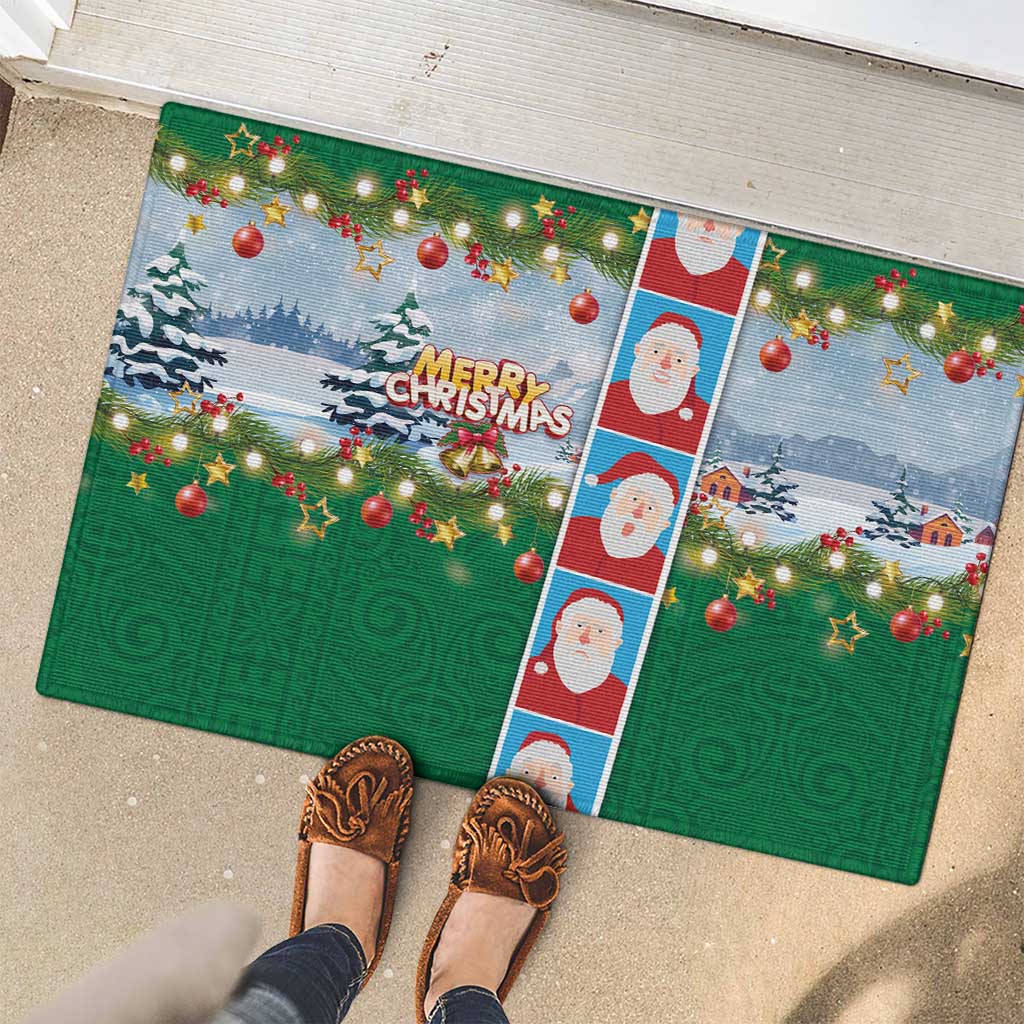 Merry Christmas Rubber Doormat Funny Santa Claus Cards Photo and Polynesian Pattern Green Color