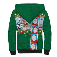 Merry Christmas Sherpa Hoodie Funny Santa Claus Cards Photo and Polynesian Pattern Green Color