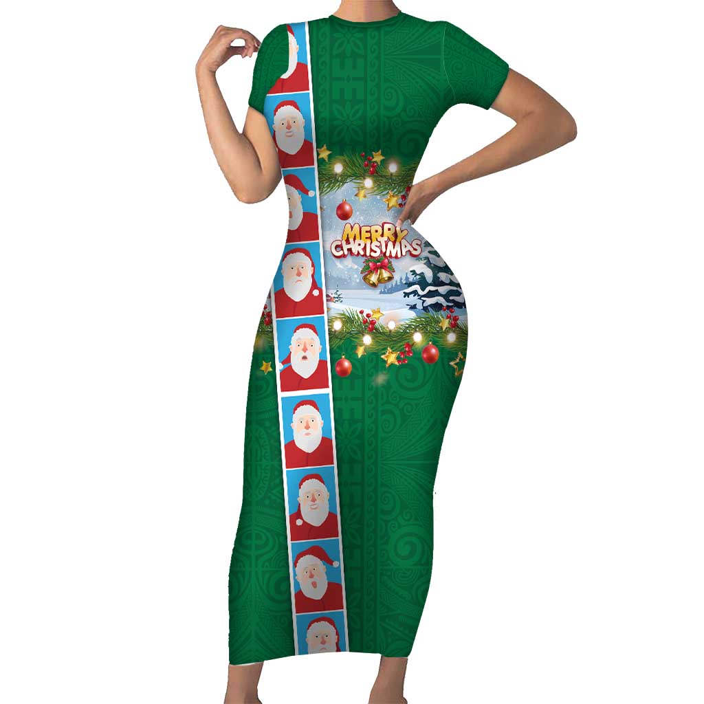 Merry Christmas Short Sleeve Bodycon Dress Funny Santa Claus Cards Photo and Polynesian Pattern Green Color LT03 Long Dress Green - Polynesian Pride