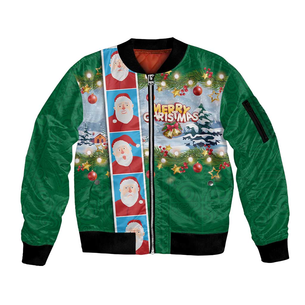 Merry Christmas Sleeve Zip Bomber Jacket Funny Santa Claus Cards Photo and Polynesian Pattern Green Color