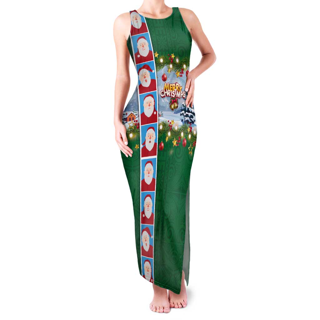 Merry Christmas Tank Maxi Dress Funny Santa Claus Cards Photo and Polynesian Pattern Green Color