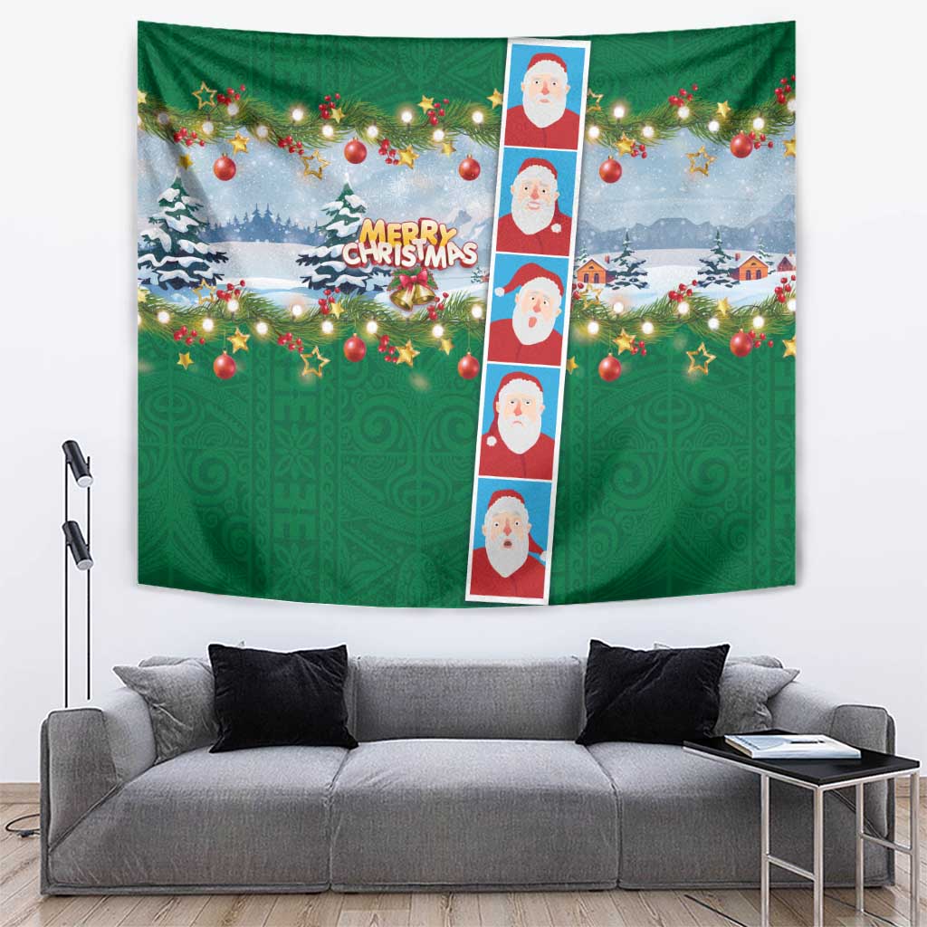 Merry Christmas Tapestry Funny Santa Claus Cards Photo and Polynesian Pattern Green Color