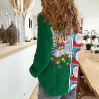 Merry Christmas Women Casual Shirt Funny Santa Claus Cards Photo and Polynesian Pattern Green Color LT03 - Polynesian Pride