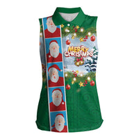 Merry Christmas Women Sleeveless Polo Shirt Funny Santa Claus Cards Photo and Polynesian Pattern Green Color LT03 Female Green - Polynesian Pride