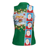 Merry Christmas Women Sleeveless Polo Shirt Funny Santa Claus Cards Photo and Polynesian Pattern Green Color LT03 - Polynesian Pride