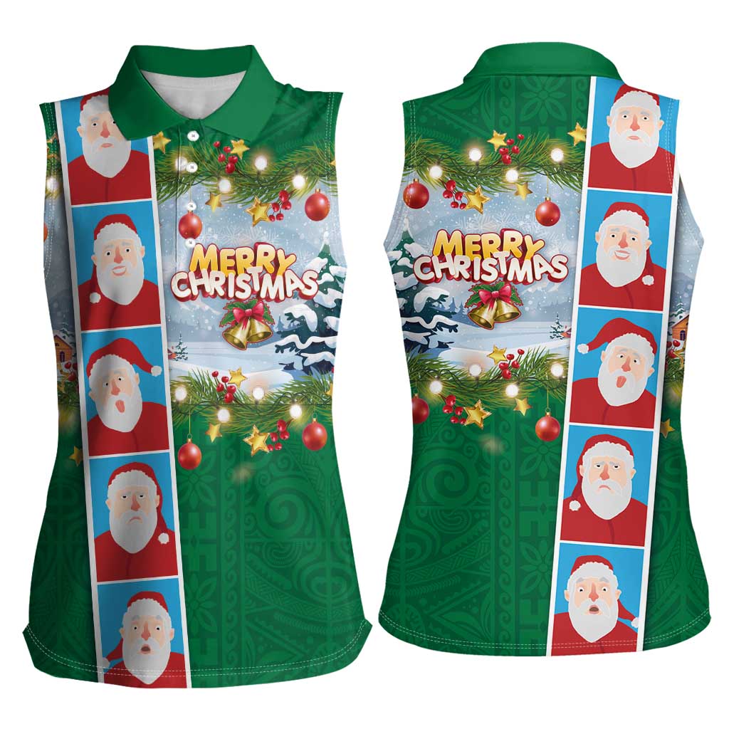 Merry Christmas Women Sleeveless Polo Shirt Funny Santa Claus Cards Photo and Polynesian Pattern Green Color LT03 - Polynesian Pride