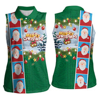 Merry Christmas Women Sleeveless Polo Shirt Funny Santa Claus Cards Photo and Polynesian Pattern Green Color LT03 - Polynesian Pride
