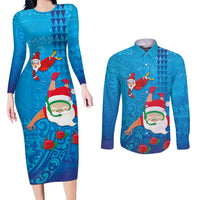 Hawaiian Santa Claus Snorkeling Couples Matching Long Sleeve Bodycon Dress and Long Sleeve Button Shirt Kakau and Polynesian Pattern