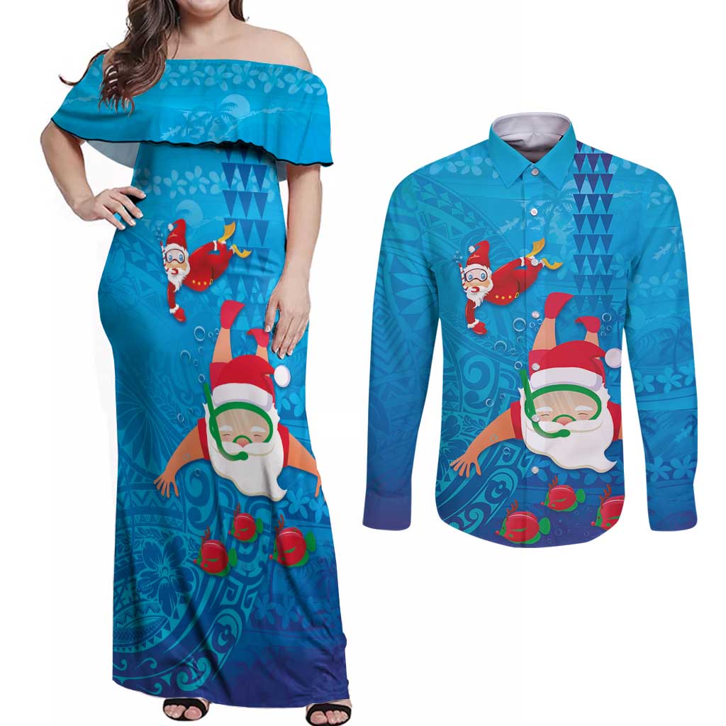 Hawaiian Santa Claus Snorkeling Couples Matching Off Shoulder Maxi Dress and Long Sleeve Button Shirt Kakau and Polynesian Pattern