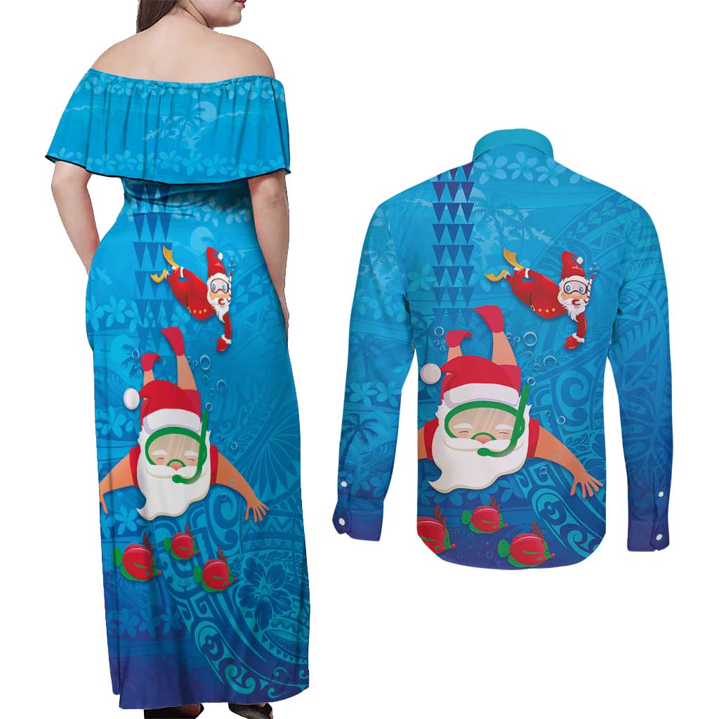 Hawaiian Santa Claus Snorkeling Couples Matching Off Shoulder Maxi Dress and Long Sleeve Button Shirt Kakau and Polynesian Pattern