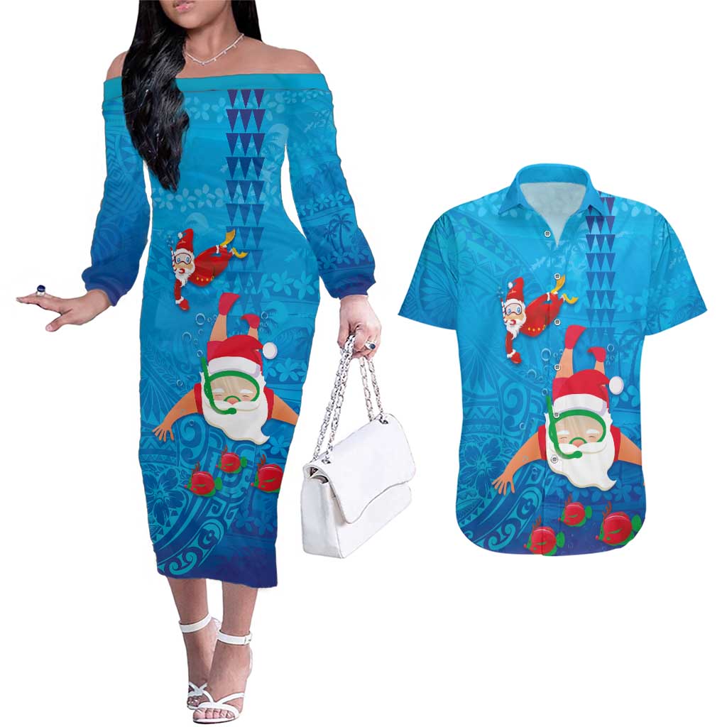Hawaiian Santa Claus Snorkeling Couples Matching Off The Shoulder Long Sleeve Dress and Hawaiian Shirt Kakau and Polynesian Pattern