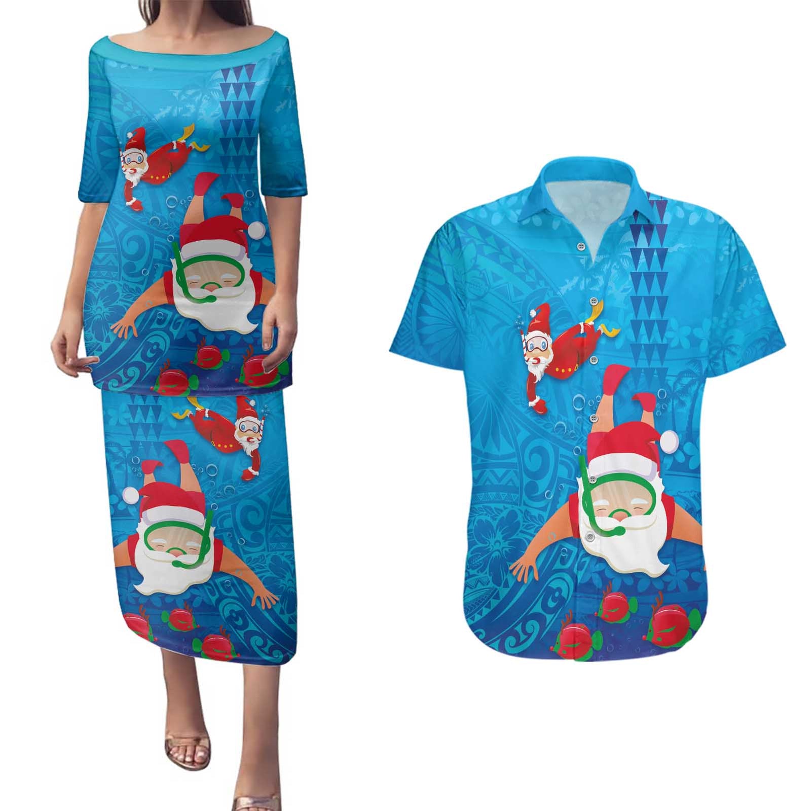 Hawaiian Santa Claus Snorkeling Couples Matching Puletasi and Hawaiian Shirt Kakau and Polynesian Pattern